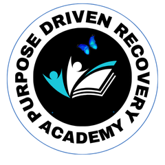 Purpose Driven Recovery Academy in Black Text on a white background circles a logo of people and butterflies coming out of the bible, symbolizing connection and transformation through the word of God. This is my brand.